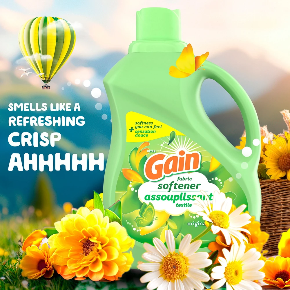 Assouplissant textile liquide Gain pour la lessive, parfum Original, compatible avec les laveuses HE 2.63L