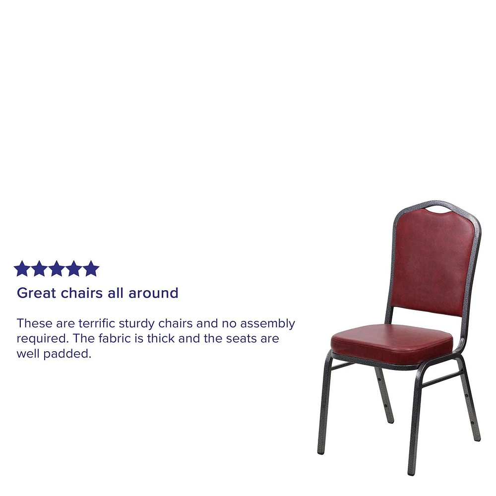 Lot de 4 pièces - Chaise de banquet empilable de la série HERCULES avec dossier couronne en vinyle bourgogne - Cadre veine d'argent
