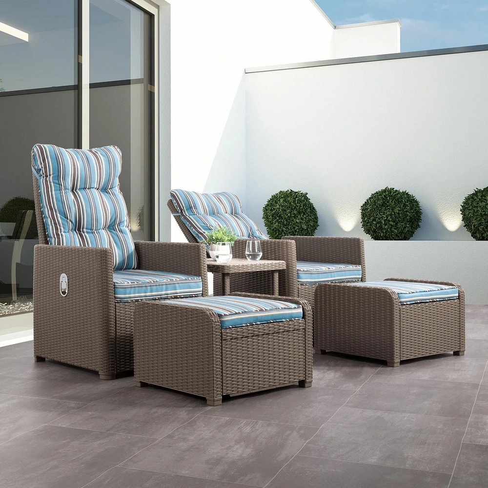 CorLiving Lake Front 5pc Rust Proof Resin Wicker Patio Recliner and Ottoman Set