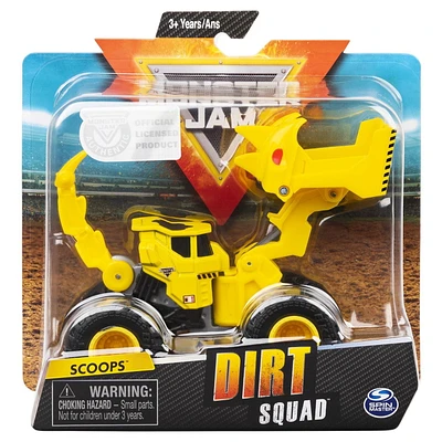Monster Jam, Monster truck Scoopz Dirt Squad Scooper officiel avec pièces mobiles, véhicule en métal moulé à l'échelle 1:64