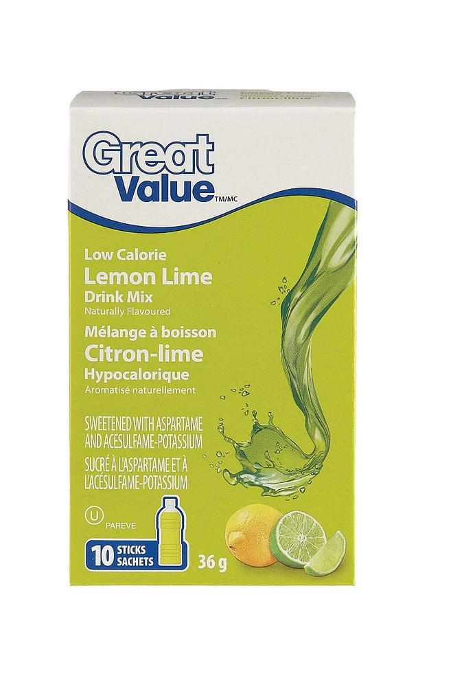 Great Value Low Calorie Lemon Lime Drink Mix, 10 Sticks, 36 g