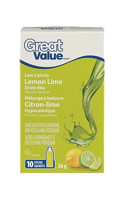 Great Value Low Calorie Lemon Lime Drink Mix, 10 Sticks, 36 g