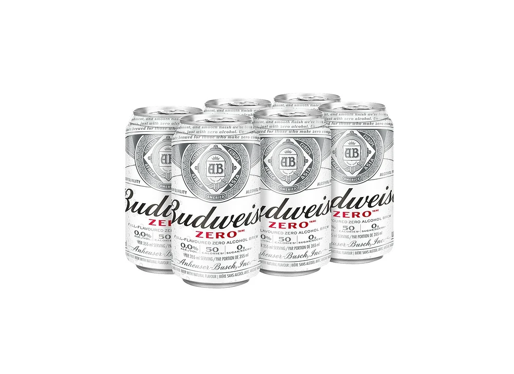 Budweiser Zero Non-Alcoholic Beer 6x355ml Cans, 0.0% Fully Brewed Non-Alcoholic Beer