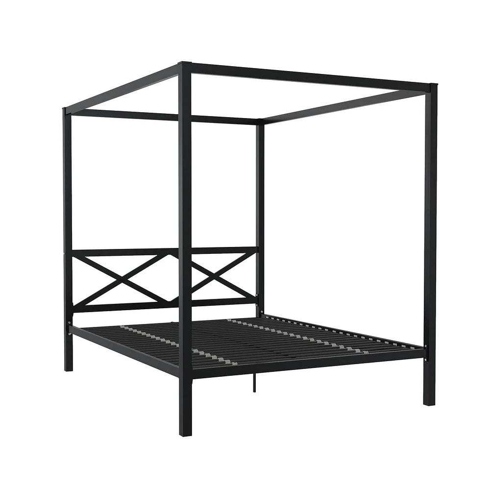 Cadre de lit-plateforme à baldaquin en métal avec tête de lit Remna de DHP, format grand lit. Noir