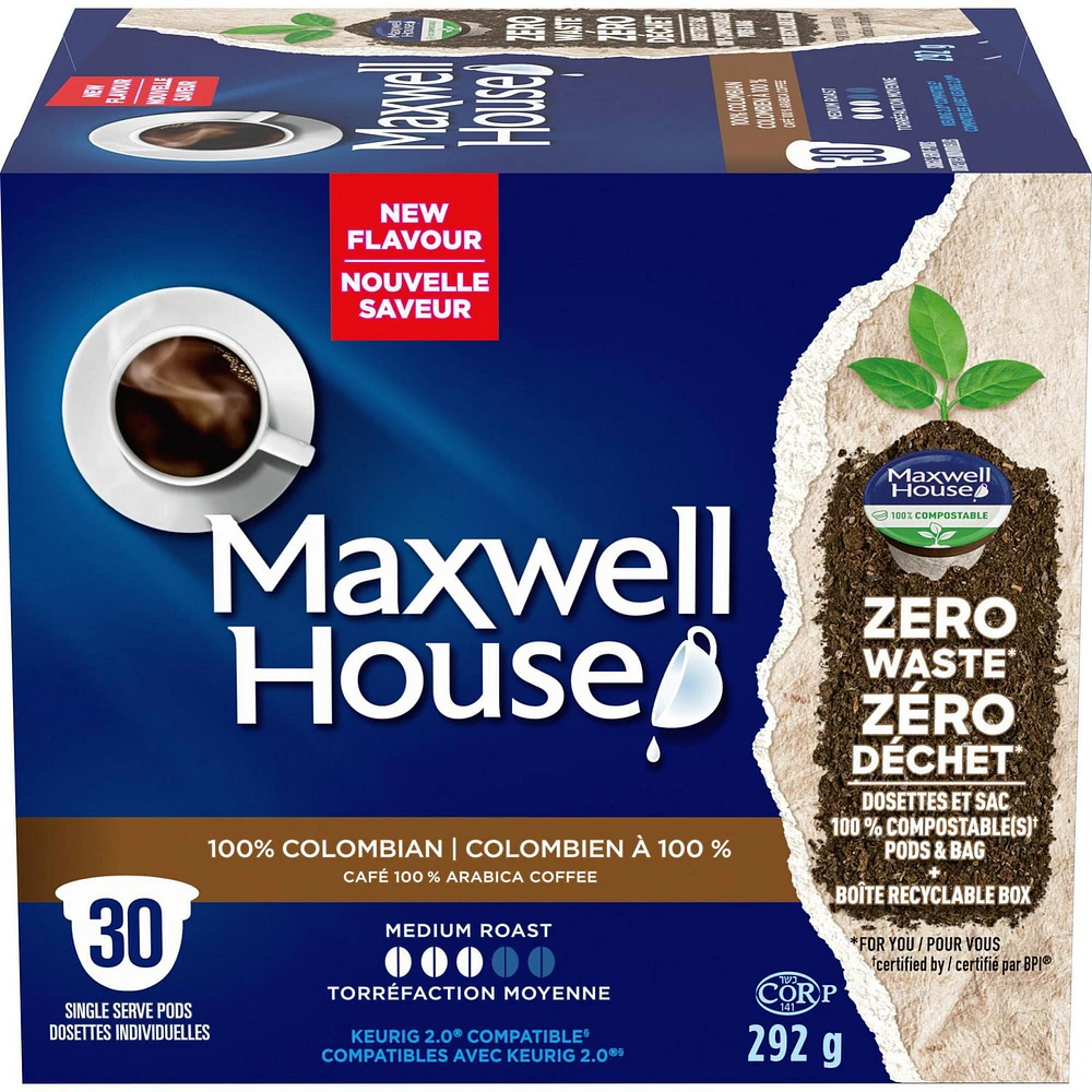 Maxwell House Colombian Coffee 100% Compostable K Cup Coffee Pods, 30 Pods, 292g, 30 pods