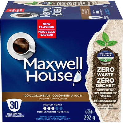 Maxwell House Colombian Coffee 100% Compostable K Cup Coffee Pods, 30 Pods, 292g, 30 pods