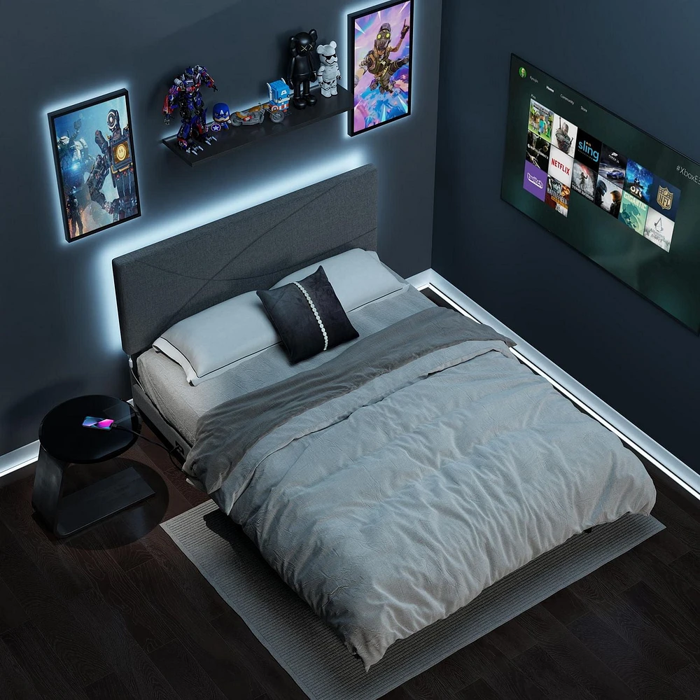 Homy Casa Lit Plateforme Rembourré avec Éclairage LED, Station de Charge USB, Tête de Lit Réglable, Sans Sommier Requis