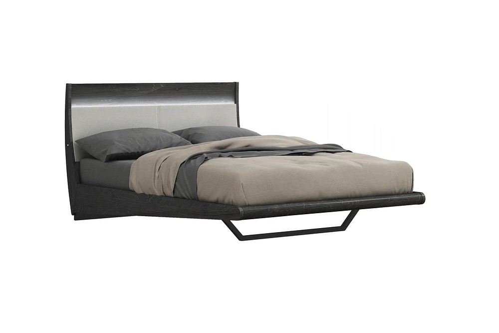K-Living Asher Grey Lacquer Finish Double-Size Bed with PU Padded Headboard and One-Touch LED Light
