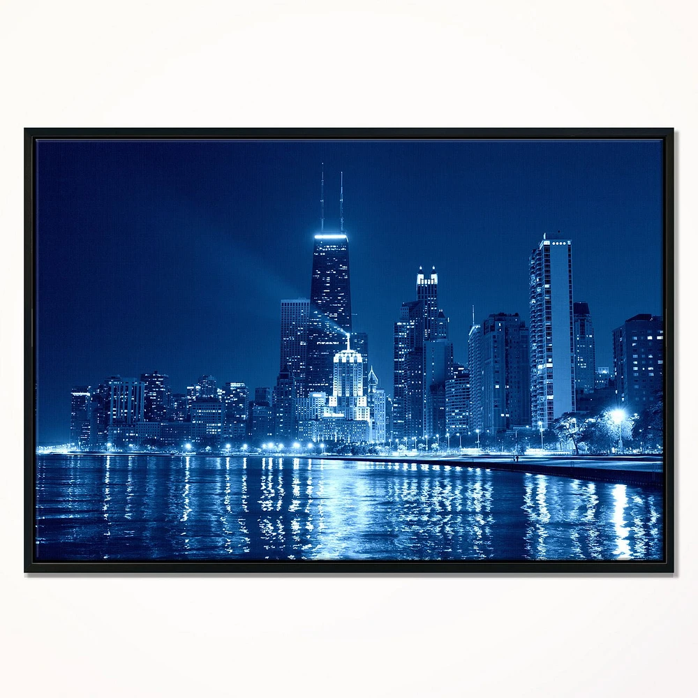 Design Art Nuit De Chicago Bleu Sur Toile Encadrée