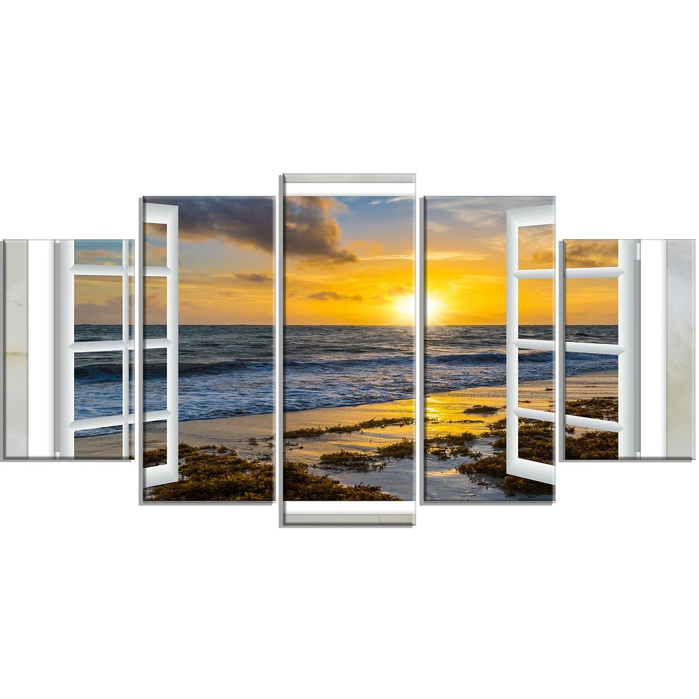 Tableau sur toile imprimée Design Art Paysage marin moderne Couchée de soleil jaune brillant à travers une fenêtre