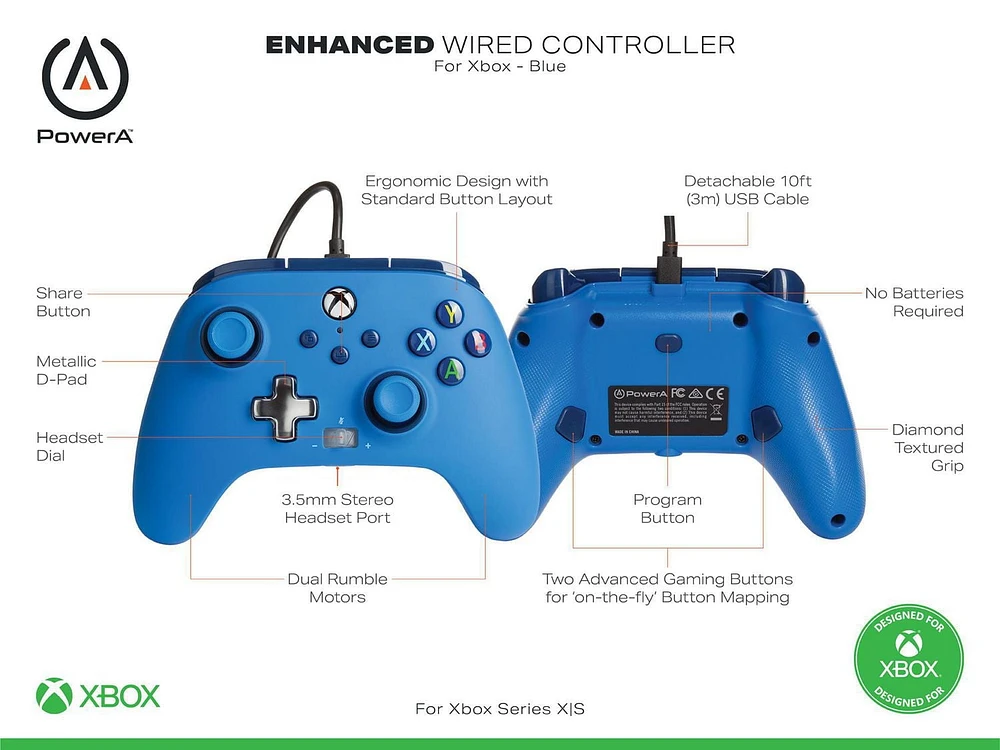 PowerA Enhanced Wired Controller for Xbox – Blue; gamepad, wired video game controller, gaming controller, Xbox Series X|S, Xbox Series X|S