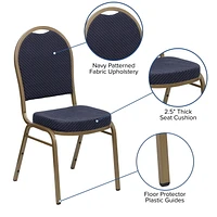 Chaise de banquet empilable de la série HERCULES avec dossier dôme en tissu marine à motifs - Cadre doré