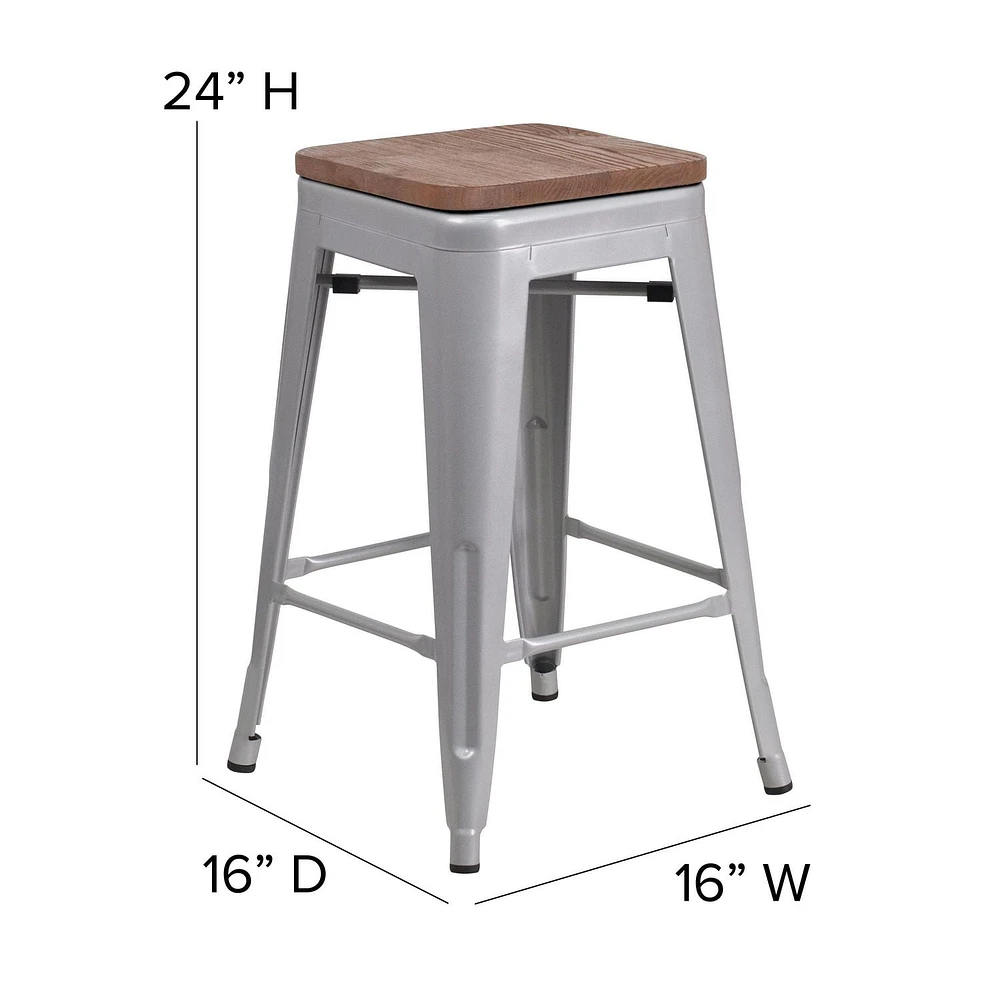 4 Pk. 24" High Backless Silver Metal Counter Height Stool with Square Wood Seat