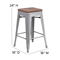 4 Pk. 24" High Backless Silver Metal Counter Height Stool with Square Wood Seat