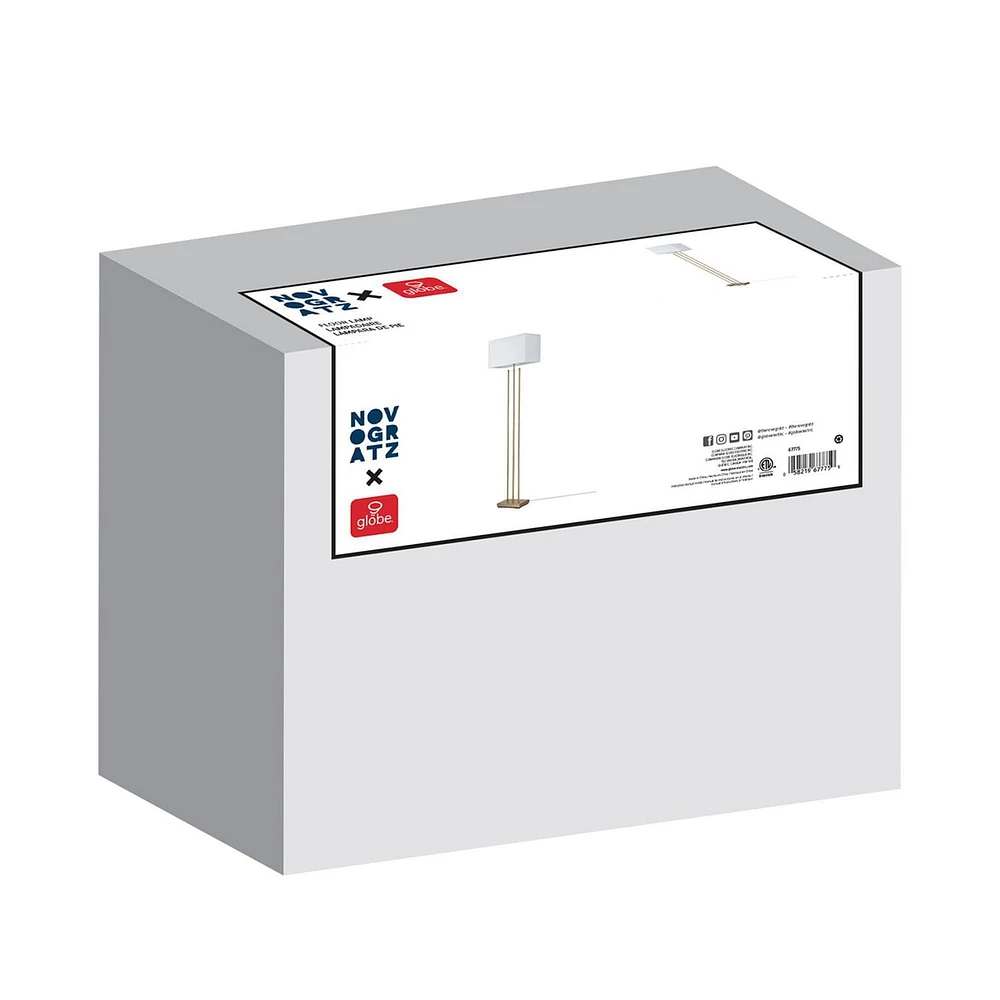 Lampe sur pied en métal de 62 pouces de la collection Soho par Novogratz x Globe Electric, laiton mat, abat-jour en lin blanc, 67775