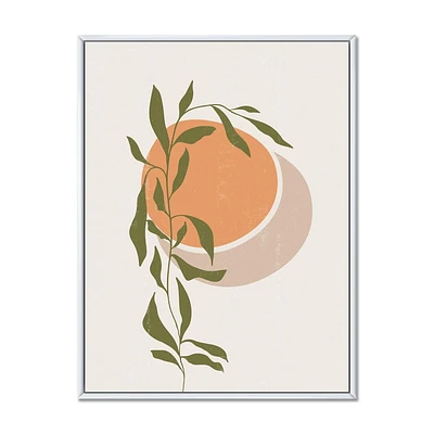 Designart Soleil et lune orange abstraits avec des feuilles tropicales ART MURAL À CADRE FLOTTÉ
