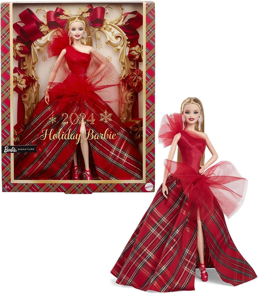 Barbie-Barbie Joyeux Noël 2024-Poupée blonde avec jupe à carreaux Âges 6Y+