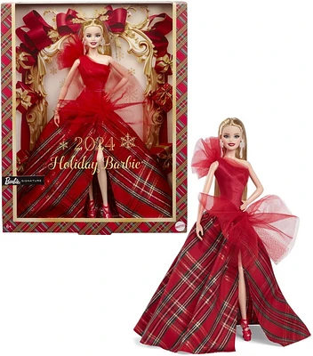 Barbie-Barbie Joyeux Noël 2024-Poupée blonde avec jupe à carreaux Âges 6Y+