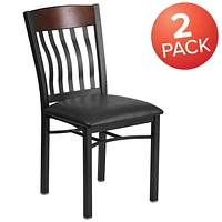Lot de 2 pièces - Chaise de restaurant de la série Eclipse en métal noir et bois de noyer avec dossier vertical et siège en vinyle noir