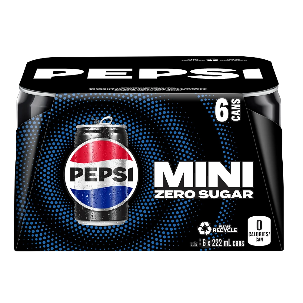 Pepsi Zero Sugar cola, 222 mL Cans, 6 Pack, 6 x 222ml