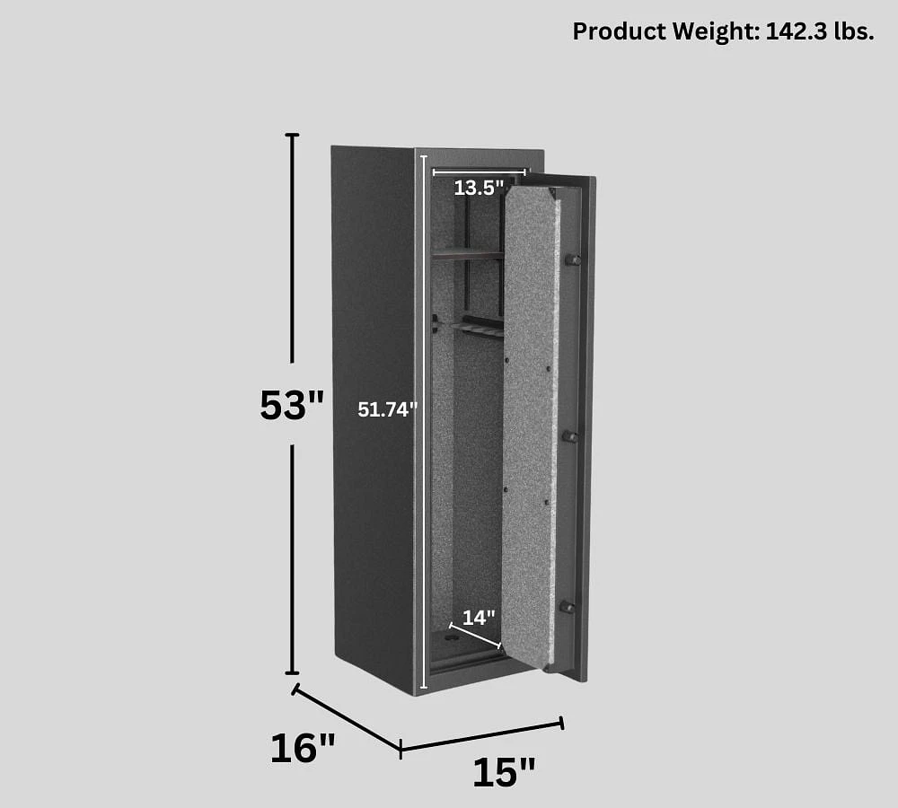 Coffre-fort pour armes à feu Canadian Shield de 53 po de hauteur avec serrure électronique programmable et protection contre le feu | Acier de calibre 14 | Capacité de 12 armes à feu