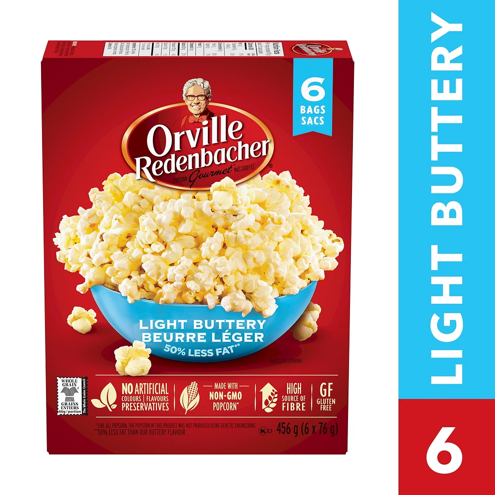 Orville Redenbacher  Light Buttery Mircowave Popcorn, 6 Pack (6 x 76 g) 456 g, Non-GMO, gluten free microwave popcorn with a high source of fibre and 50% less fat*