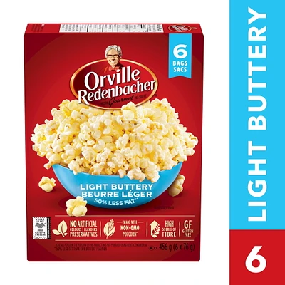 Orville Redenbacher  Light Buttery Mircowave Popcorn, 6 Pack (6 x 76 g) 456 g, Non-GMO, gluten free microwave popcorn with a high source of fibre and 50% less fat*