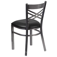 HERCULES Series Clear Coated ''X'' Back Metal Restaurant Chair - Black Vinyl Seat