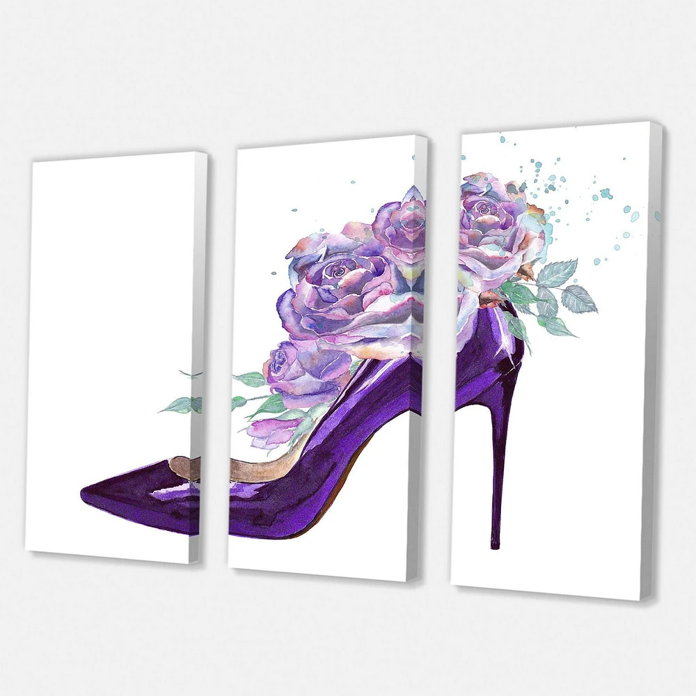 Designart Dark Purple Stiletto Shoe With Pink VIolet Roses Canvas Wall Art