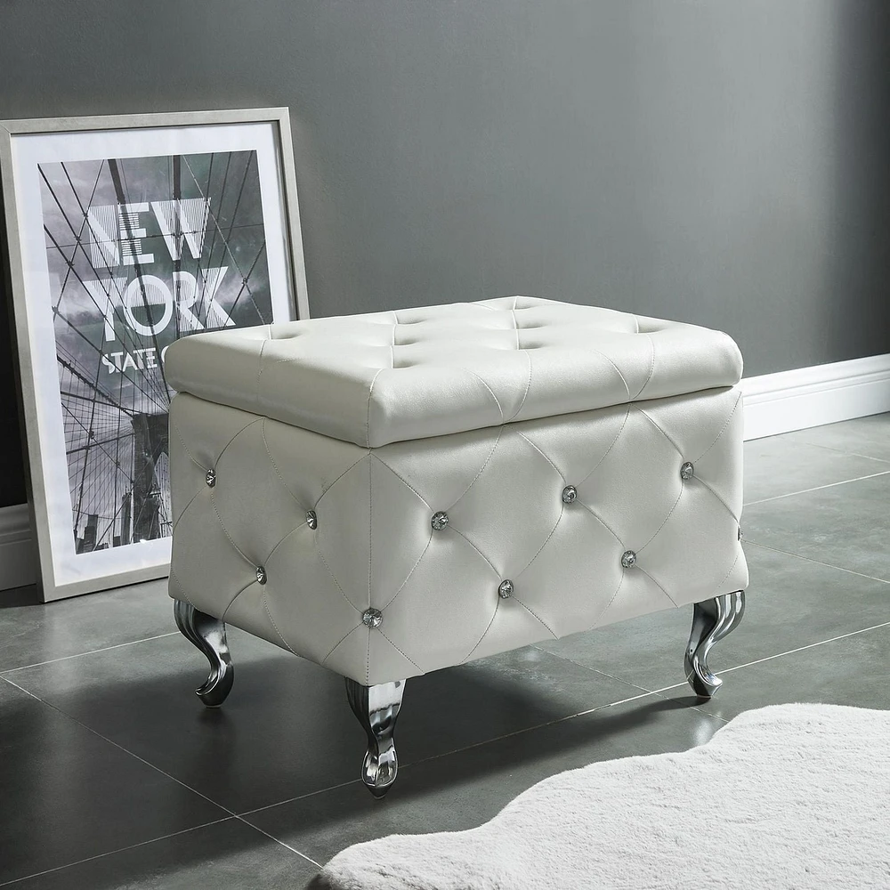 Ottomane de rangement contemporain en velours/metal, blanc