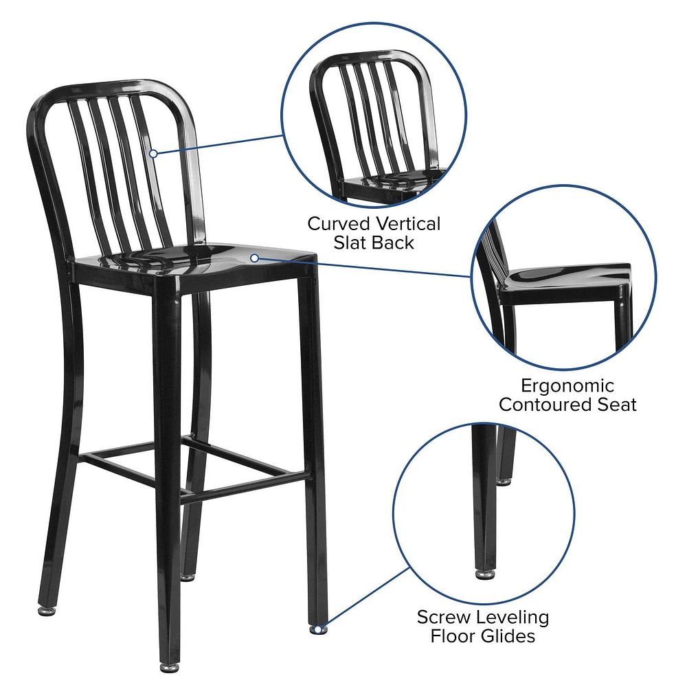 Tabouret de bar en métal noir de 30 pouces de hauteur pour l'intérieur et l'extérieur avec dossier à traverses verticales