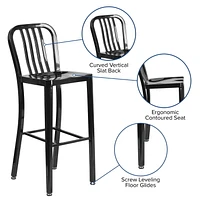 Tabouret de bar en métal noir de 30 pouces de hauteur pour l'intérieur et l'extérieur avec dossier à traverses verticales