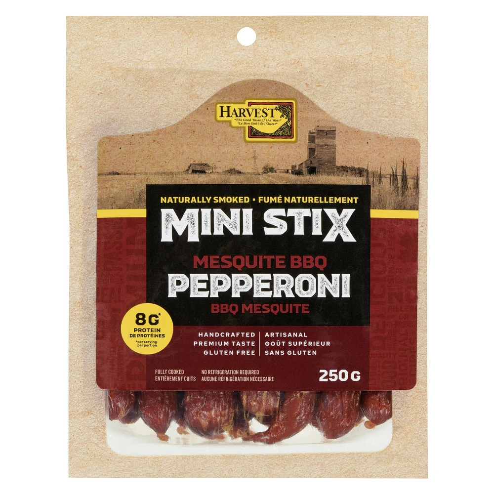 Harvest Gluten Free Mini-Stix Mesquite BBQ Pepperoni, 250 g