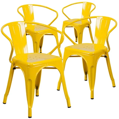 Commercial Grade 4 Pack Yellow Metal Indoor-Outdoor Chair with Arms