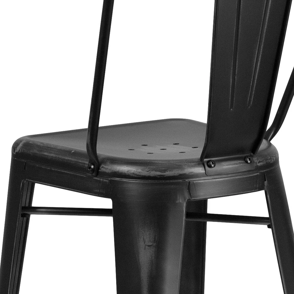 Tabouret de bar en métal vieilli noir de 30 pouces de hauteur pour l'intérieur et l'extérieur avec dossier