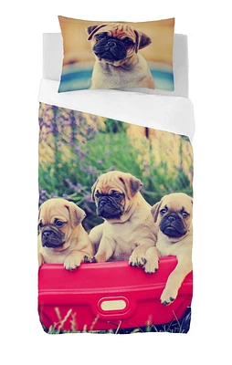 Ensemble housse de couette Pugs in Wagon de Gouchee Design pour lit simple