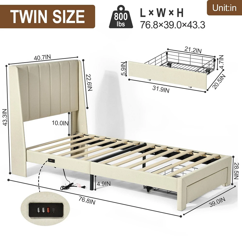 Ensemble de lit pour enfant Homy Casa avec tête de lit rembourrée, support à lattes en bois, ports de chargement USB et tiroirs de rangement.