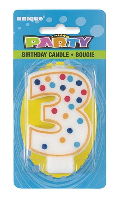 Bougie d'anniversaire numéro "3" à pois Chaque bougie mesure 2" x 3" (largeur x hauteur)