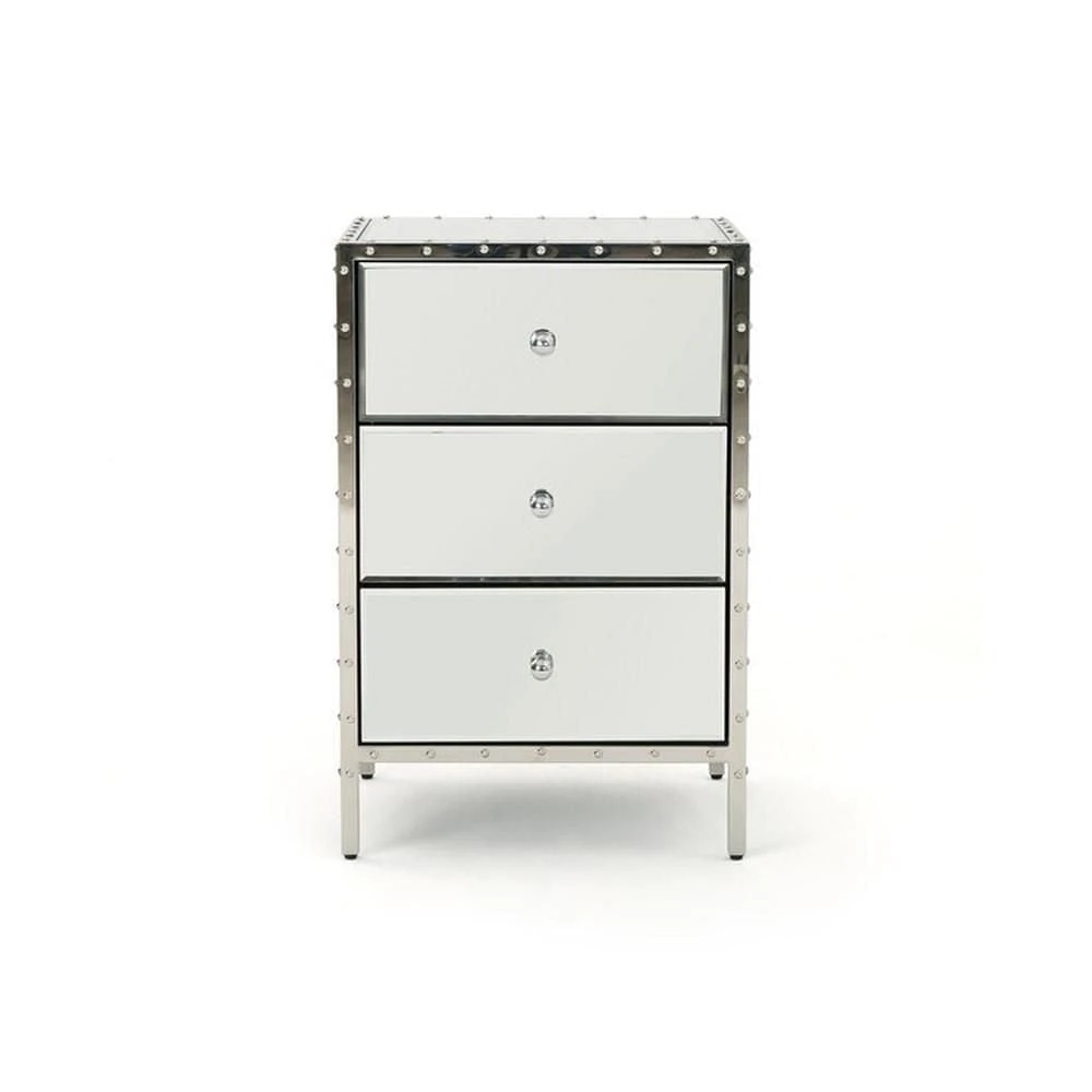 Neyri Mirrored Nightstand, Mirrored Nightstand, Bedroom Nightstand, MDF Nightstand, Mirrored Bedside Table, Silver Nightstand, Three Drawer Nightstand with Clear Knobs