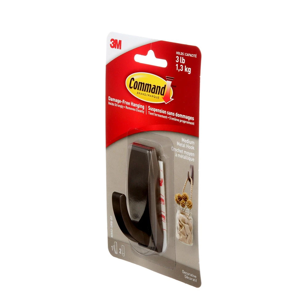 Command™ Modern Reflections Metal Hook, MR02-ORB-EF, oil rubbed bronze, medium, 1 hook, 2 strips, 1 M Hook, 1 Strip