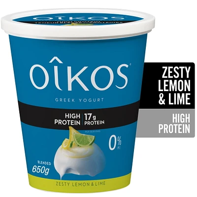 Oikos High Protein Greek Yogurt, Zesty Lemon & Lime Flavour, Blended, Value Tub, 650 g