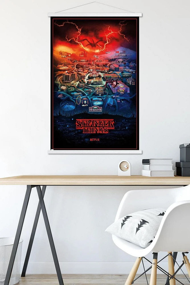 Netflix Stranger Things: Saison 4 – Hawkins, Indiana 22,375" x 34" Affiche Murale avec Cadre Magnétique en Bois de Hêtre, par Trends International