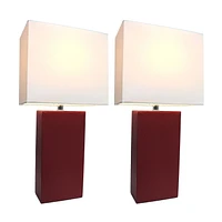 Designs élégants 2 Pack Lampes de table modernes en cuir avec abat-jour en tissu blanc, rouge