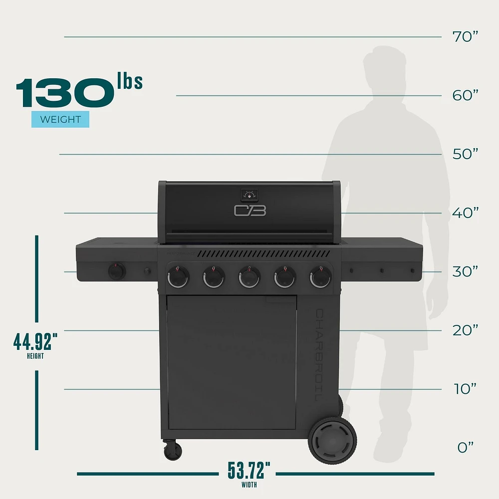 Barbecue à gaz Performance Series FlavorMax 5 brûleurs avec armoire, brûleur latéral et plaque de cuisson de 12 pouces. Performance Series FlavorMax 5 brûleurs