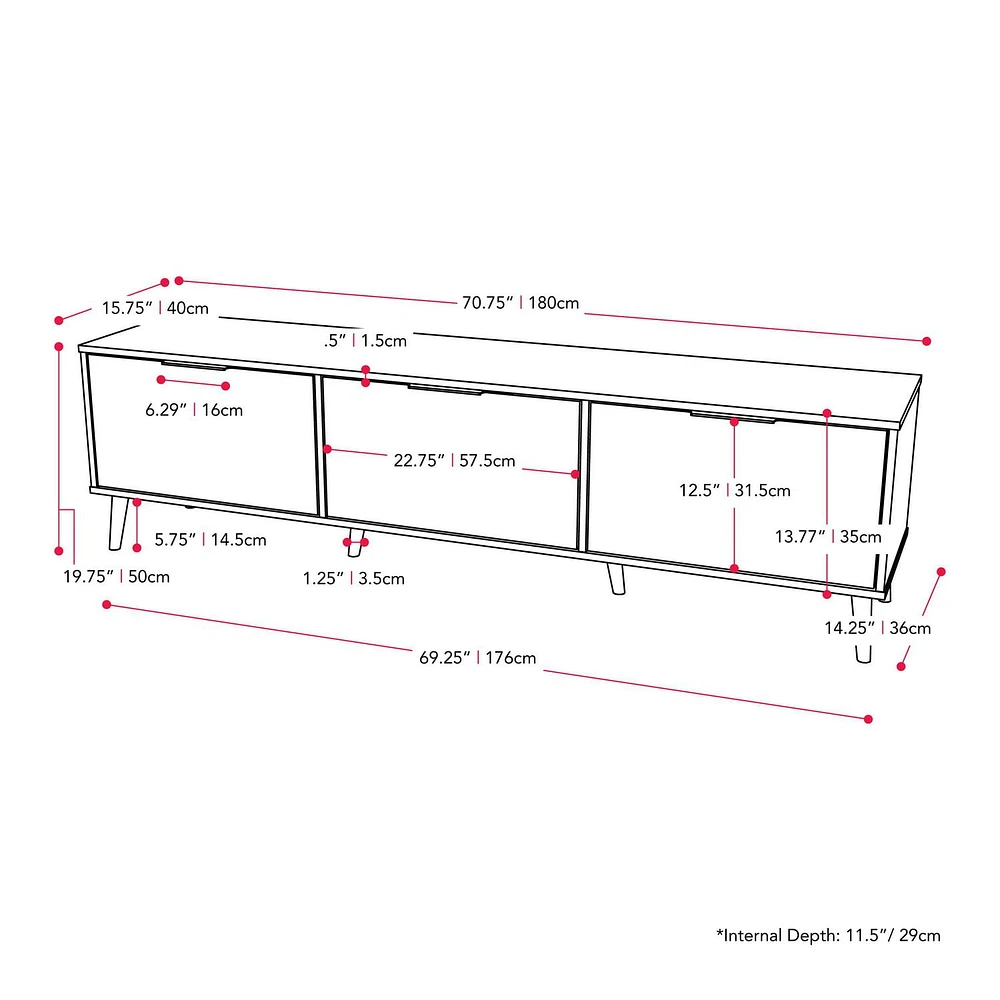 Meuble télé Cole Modern de 71 po de long avec armoire de rangement