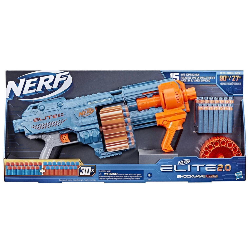 Nerf Elite 2.0 Shockwave RD-15 Blaster, 30 Nerf Darts, 15-Dart Rotating Drum, Pump-Action Slam Fire, Built-In Customizing Capabilities