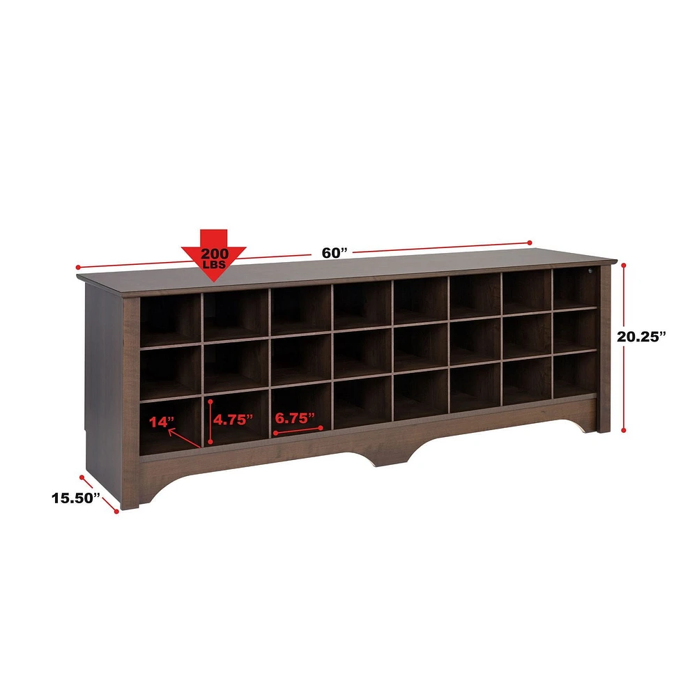 Prepac 60 in W x 20.25 in H x 15.5 in D Shoe Cubby Bench, Multiple Finishes