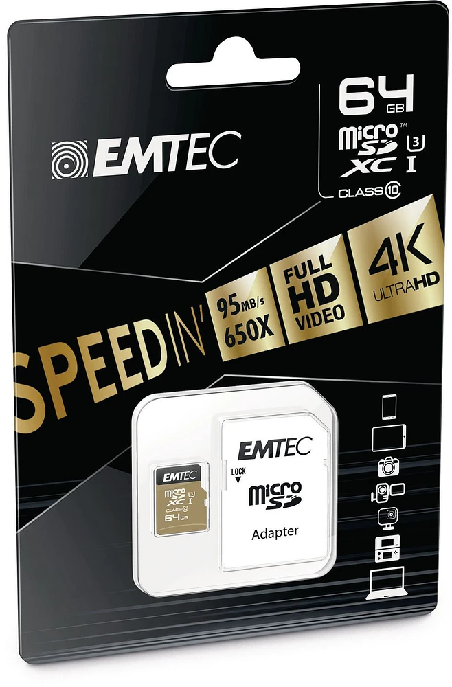 Emtec CL10 U3 64 GB MSD SpeedIN' Card + Adapter, 64 GB