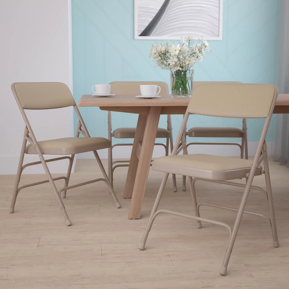 4 Pk. HERCULES Series Curved Triple Braced & Double Hinged Beige Vinyl Metal Folding Chair