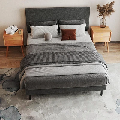 Homy Casa Kids' Upholstered Queen Bed Frame with USB Ports and LED Light Headboard, Sturdy Metal Slats